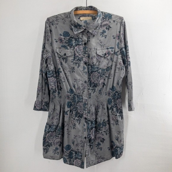 Natural Reflections Womens Floral Collared Shirt Size L Gray 100% Cotton - Picture 1 of 14